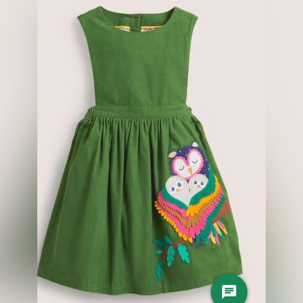 Mini Boden Appliqué Pinafore Dress olive green owl
